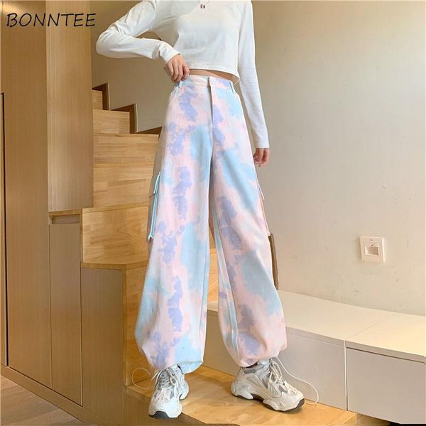 

casual pants women high waist abdomen autumn tie dye wide leg loose chic fashionable all-match korean style ladies trousers new, Black;white