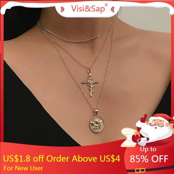 

chains visisap vintage flower cross pendant necklaces for women multilayer gold color angel cion necklace anniversary gifts xrc2107, Silver