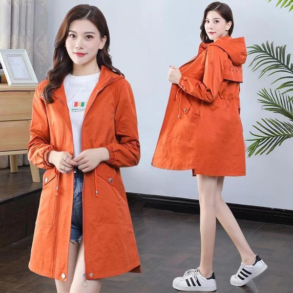 

women's trench coats 2021 spring autumn classic women jacket casual hooded windbreaker female zipper pocket jackets long coat slim outw, Tan;black