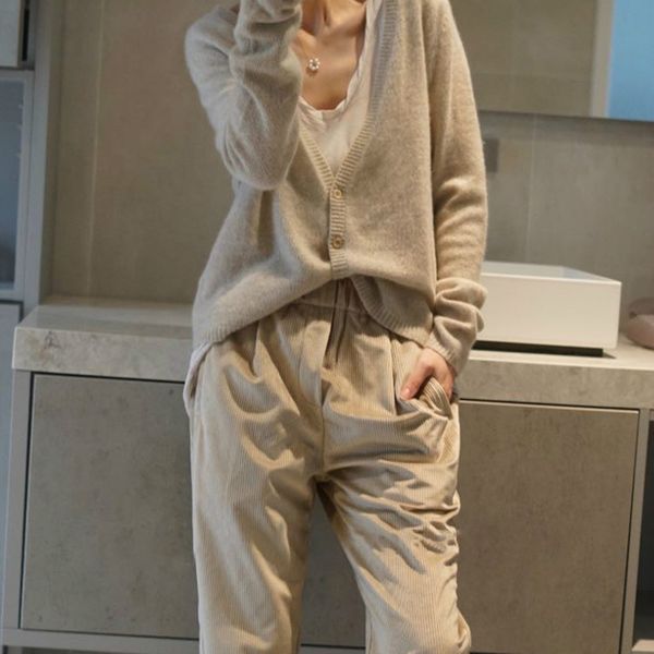 

autumn new cashmere knitted cardigan women's v-neck sweater cardigan loose lazy style sweater thin coat large size c1024, White