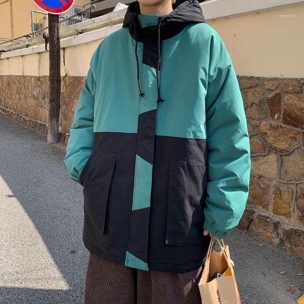 

winter jacket men's parka warm fashion contrast color casual hooded coat men streetwear loose korean short coat mens clothes1, Black