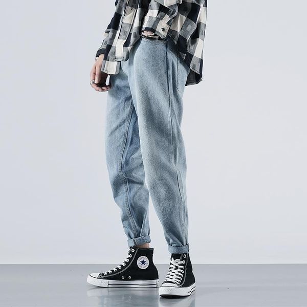 

japanese vintage fashion men jeans loose fit wide leg trousers harem pants streetwear hip hop jeans men tapered pencil pants, Blue