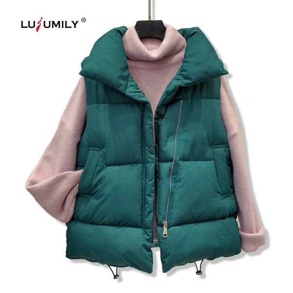 

lusumily new arrival autumn winter cotton jacket women vest short design korean style coat chaleco mujer white green waistcoat 1023, Black;white