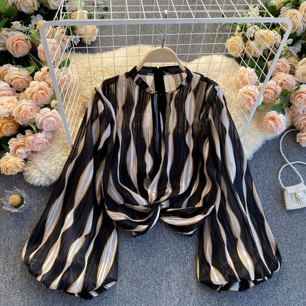 

2021 new vintage female singiny striped blouse chic neck autumn design fashion streetwear short s32t, White