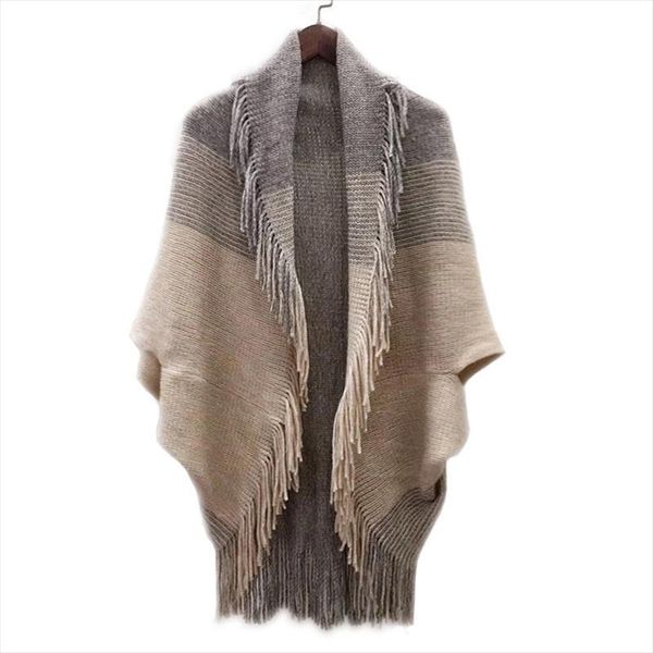 

womens patchwork pattern batwing sleeve tassel hem waterfall cardigan shawl knitted sweaters cape sweaters outwear, White;black