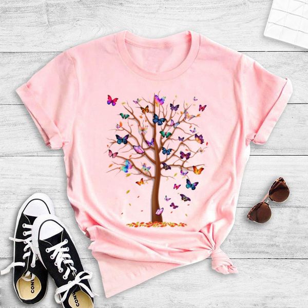 

summer women's brand letter printing fashion female butterfly tree harajuku short sleeve casual t-shirt, White