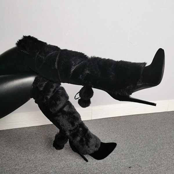 

boots autumn winter black luxury fur warm thigh high overknee gothic woman pom heels pointed toe botas largas mujer1