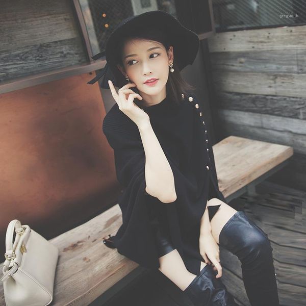 

deat] 2019 autumn new fashion women's high-quality solid color long metal buckle round neck shawl cloak jacket wi3691, Black;brown