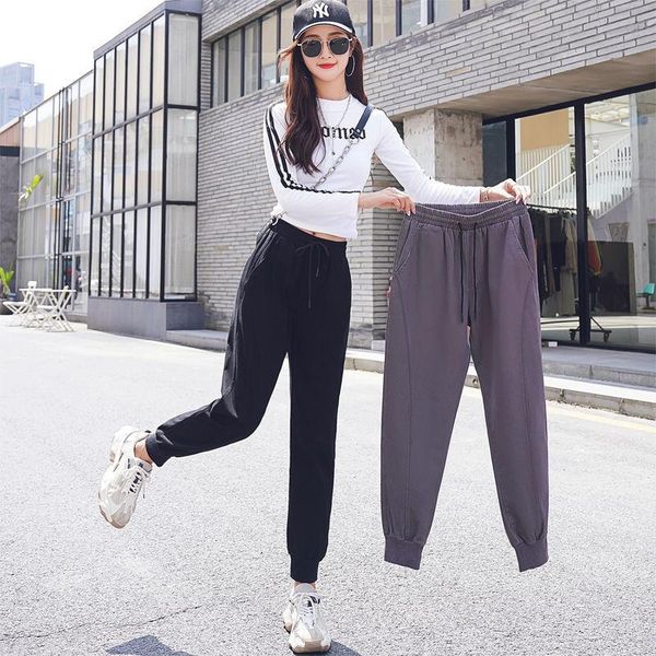 

women's pants & capris 2021 spring autumn women solid lace-up elastic high waist sweatpants cargo female fashion cotton joggers trouser, Black;white