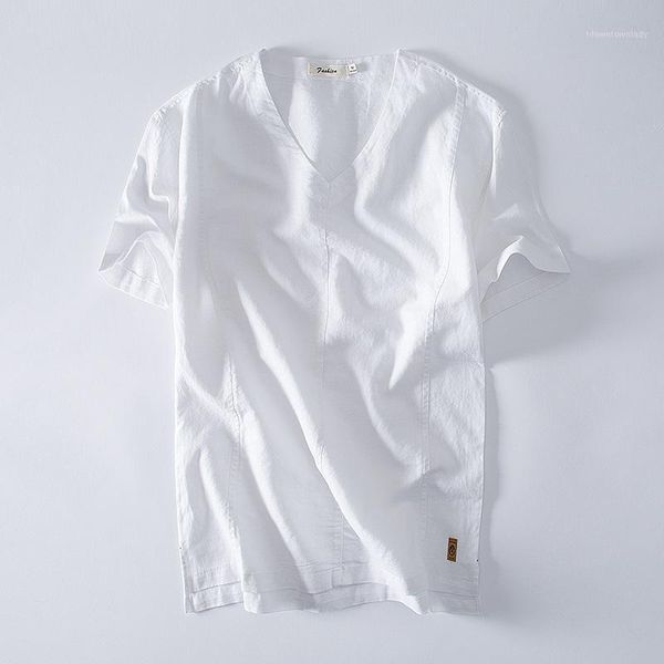 

men's short sleeve v neck casual t-shirts summer solid cotton linen slim fit tees men chinese style male tshirt ts-4201, White;black