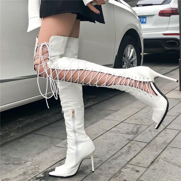

women over the knee boots 2020 female pu leather boots women's cross tied shoes woman thin heel women autumn long, Black
