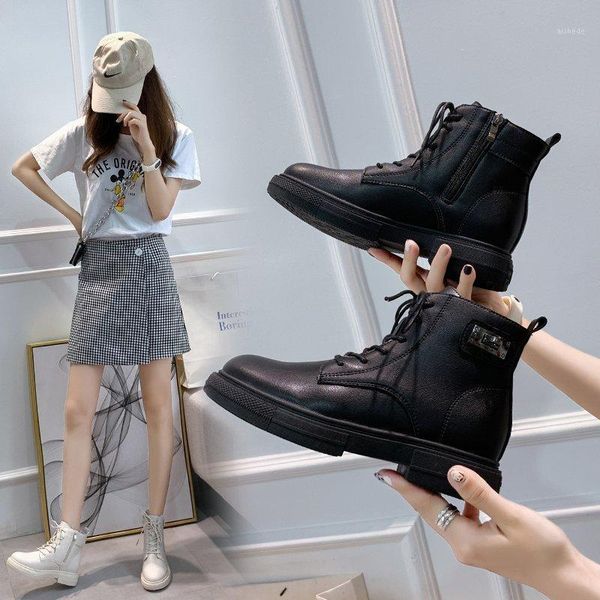 

boots for women ladies leather ankle shoes winter plus velvet female motorcycle platform 20211, Black