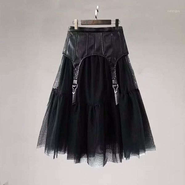 

designer new women skirt pu leather tulle patchwork mid long skirt1, Black