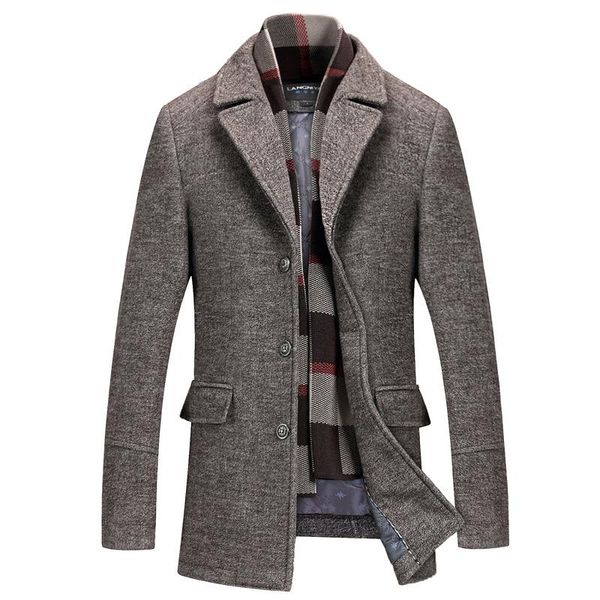 

men's wool & blends 2021 winter coat thick cotton casual fashion business slim long outerwear, Black