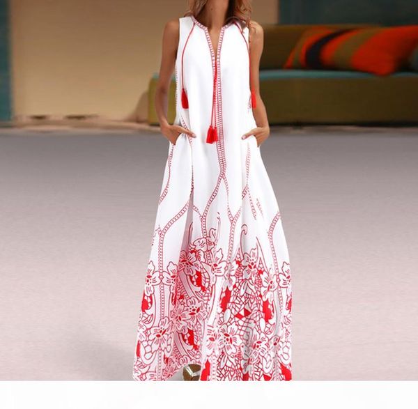 

calofe white summer beach dress women plus size 2020 fashion red cotton boho dress sleeveless printed long maxi, Black;gray