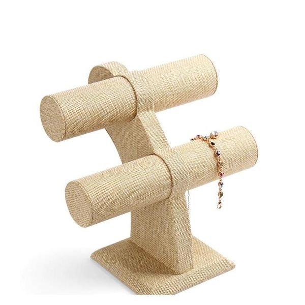 

grade burlap wooden bracelet watch jewelry display stand holder linen bangle headband holder two-layer ti7ch, Slivery;golden