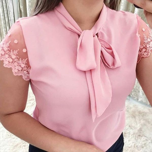 

lace up bow tie shirt 2021 summer short sleeve chiffon casual blouse plus size 5xl office lady blusas, White