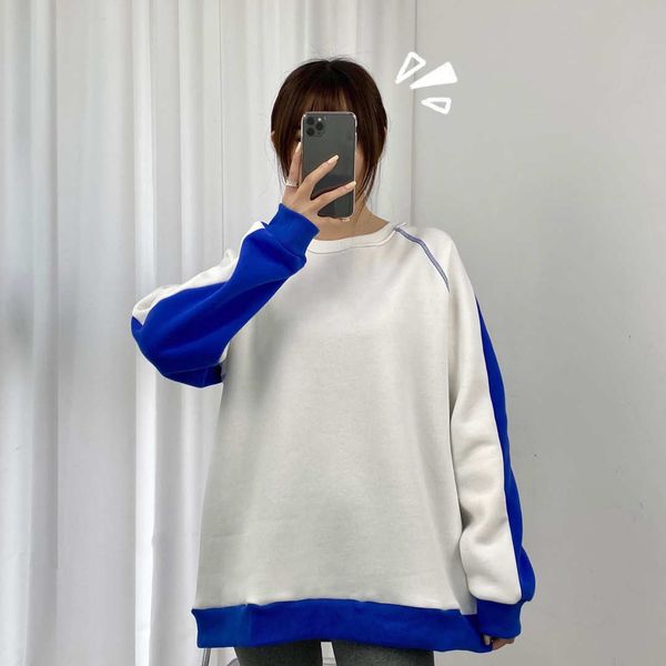 

plus velvet padded ladies round neck sweater pure cotton plus velvet loop fabric soft and comfortable contrast color, Black