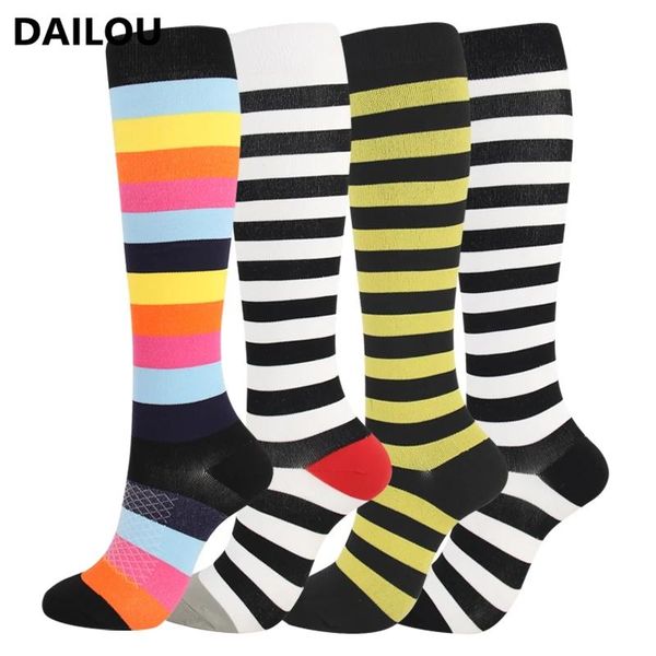 

striped nursing compression socks men stitching black white anti fatigue pain relief knee high socks women