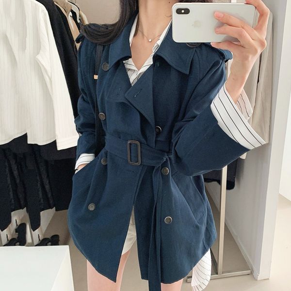 

[ewq] autumn new ladies coat retro lapel double-breasted lace-up waist casual loose large size thin tooling short jacket 201028, Black;brown