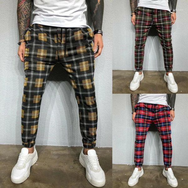 

2020 high wasit spring summer fashion pocket men's slim fit colorful plaid straig leg trousers pencil jogger casual pants1, Black