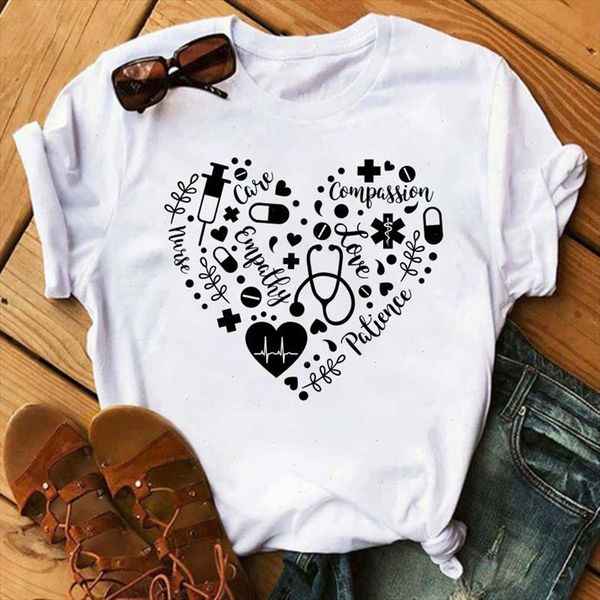 

women t shirt heart pill graphic tees casual nurse t shirt funny short sleeved cartoon harajuku female, White