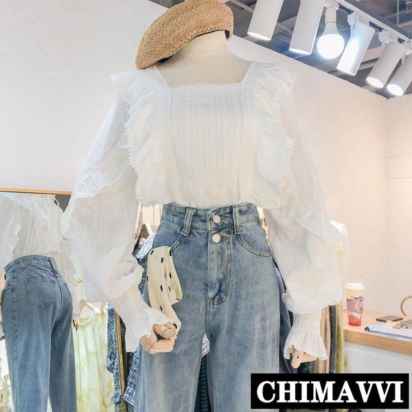 

women's blouses & shirts 2021 autumn design square collar long-sleeved loose white shirt ruffled woman sweet