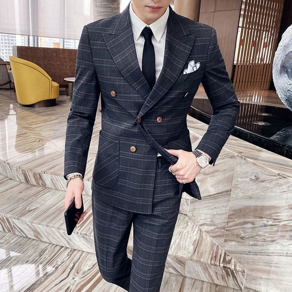 

2020 winter thin british double deal breasted standard men's checked pants + blazer 2pcs fancy club suit for man xun4, White;black