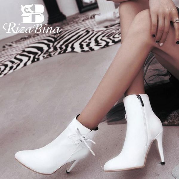 

boots rizabina ankle for women winter warm fur office ladies shoes fashion bowknot zipper high heels short size 28-431, Black