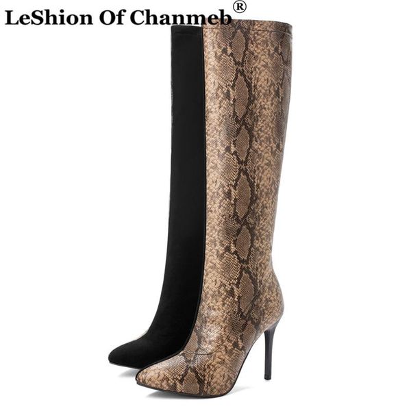 

boots women's customized knee high ladies snake print pointed toe thin heels long size 48 shoes chaussures femme, Black