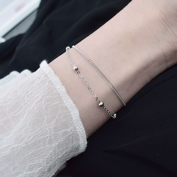 

s925 sterling silver chain double-layer pearl bracelet korean ins temperament simple women's fashion hand accessories