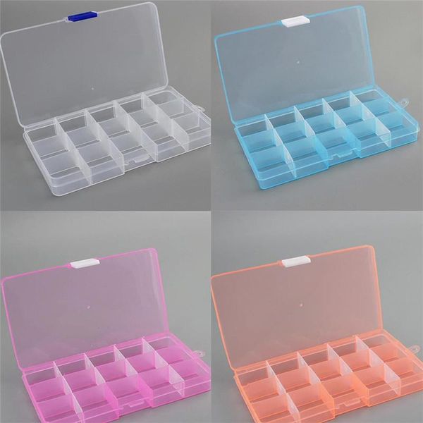 

4 colors 15 slots compartment plastic storage box adjustable case jewelry bead stuff container jewelry making craft tool boxes, Pink;blue