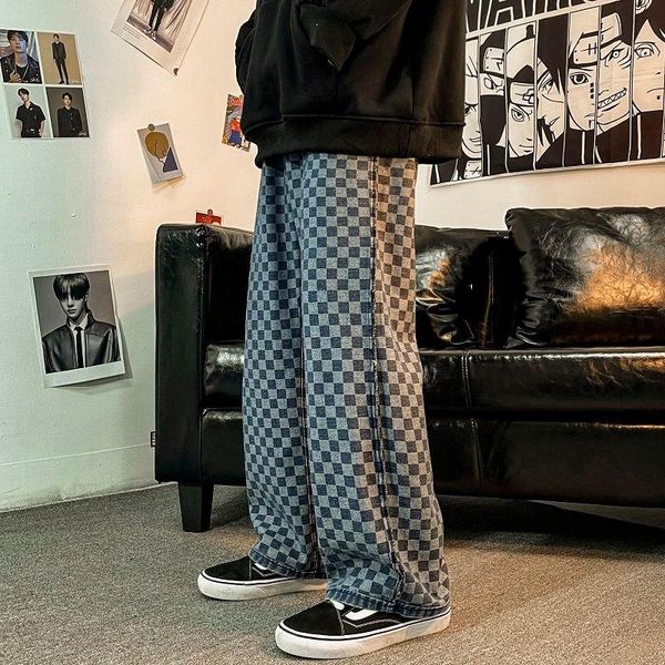 

double-sided wearable jeans men's fashion casual retro plaid jeans men streetwear loose hip-hop straight wide-leg mens, Blue