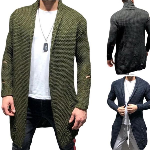 

men's sweaters men cardigan long sleeve hole casual style sweater holes mens mid-length knitwear with 3 colors, White;black