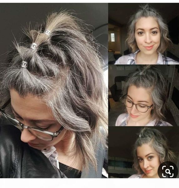 

fashon long short virgin grey hair ponytail hairpiece silk staight salt and pepper human hair pony tail natural highlights dye 8a grade, Black