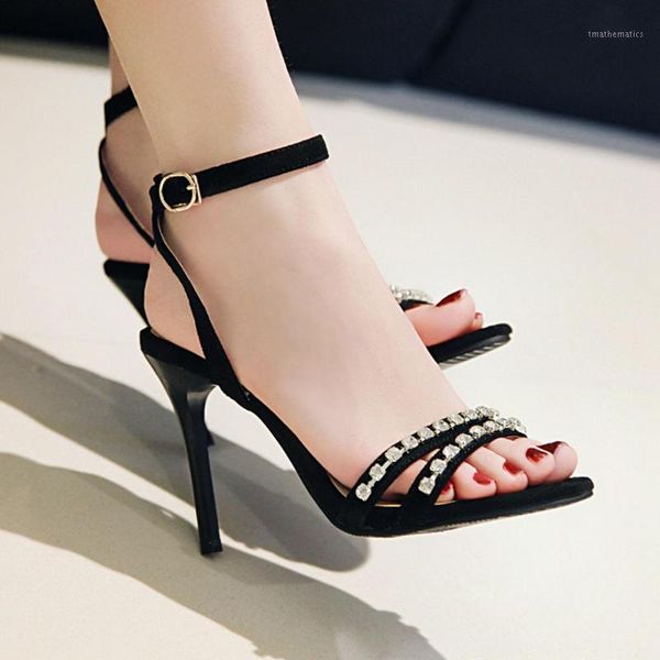 

pqecfs big size 32-46 summer fashion women flock crystal front or rear strap high heels thin heels sandals 3 colors1, Black