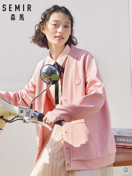 

semir woman 2020 spring new college style jacket girl pink v-neck short student cotton cardigan coat