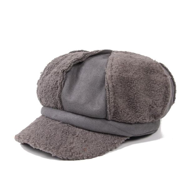 

stingy brim hats hat female autumn and winter teddy velvet octagonal korean thermal retro beret japanese creative stitching, Blue;gray