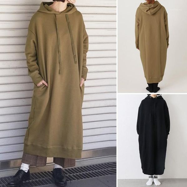 

zanzea women long maxi dress 2020 vintage hoodies sweatshirts dresses casual long sleeve pockets vestidos pullover robe femme1, Black;gray