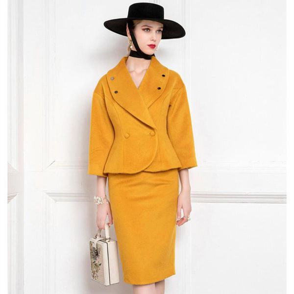 

2 pieces sets office lady skirt suits women autumn winter wool warm short blazer suit jackets knee length midi skirts outfits, White
