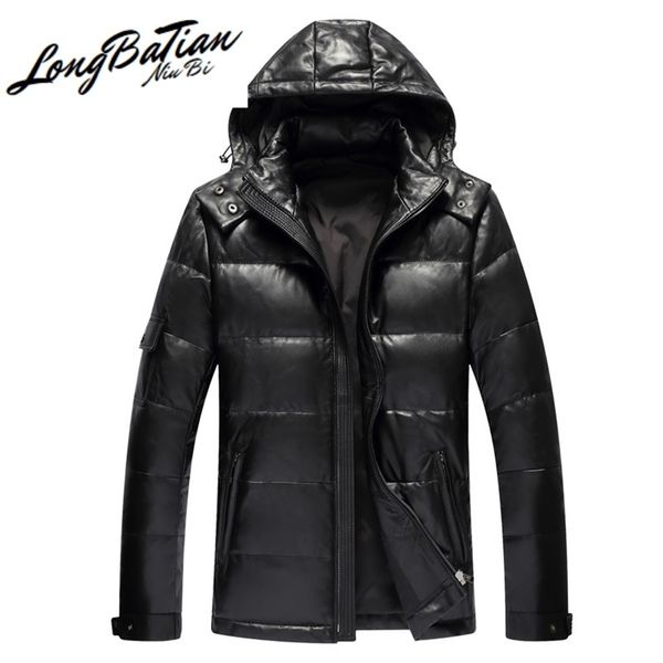 

winter men men's down jacket real sheepskin leather jackets hooded thick coat mens clothing jaqueta lxr387 201216, Black