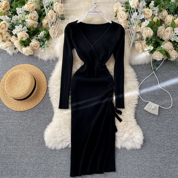 

2021 new female mesh bow elastic cord sheath solid autumn knitting pencil in gown jl73, Black;gray