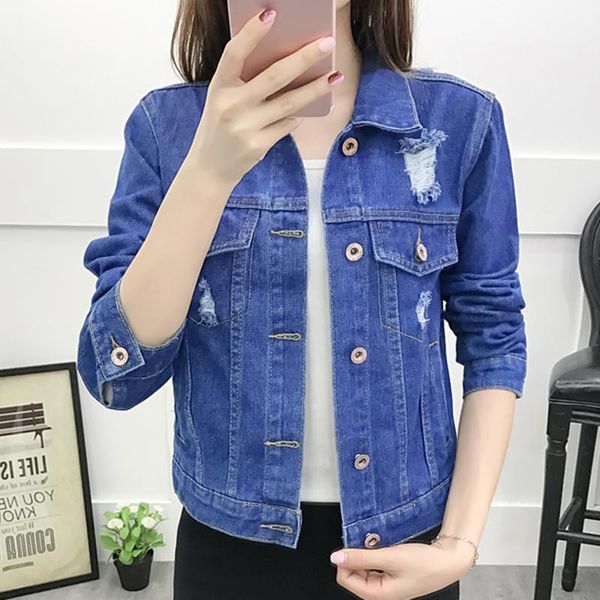 

plus size women denim jackets korean long sleeve ripped cropped jacket autumn jean jacket women slim single breasted coat1, Black;brown