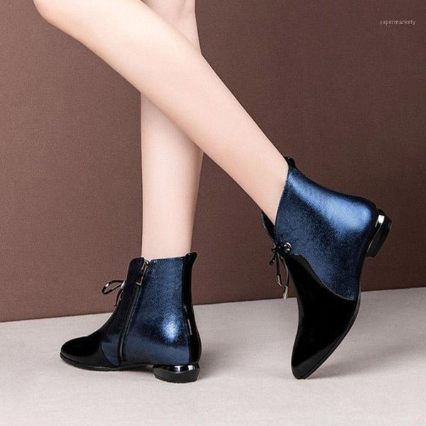 

women ankle boots 2020 winter autumn gladiator boot patchwork low heels dress shoes pointed toe patent leather botas mujer 8837c1, Black