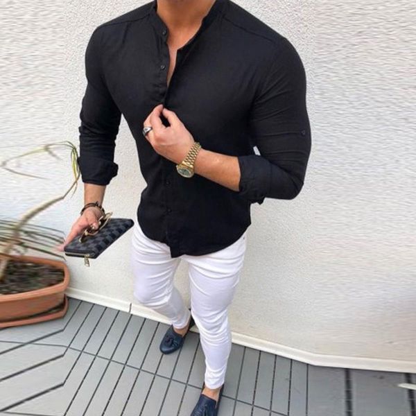 

men's casual shirts feitong black shirt fashion blusas male solid color v neck collar blouse comfortable fit long sleeve, White;black
