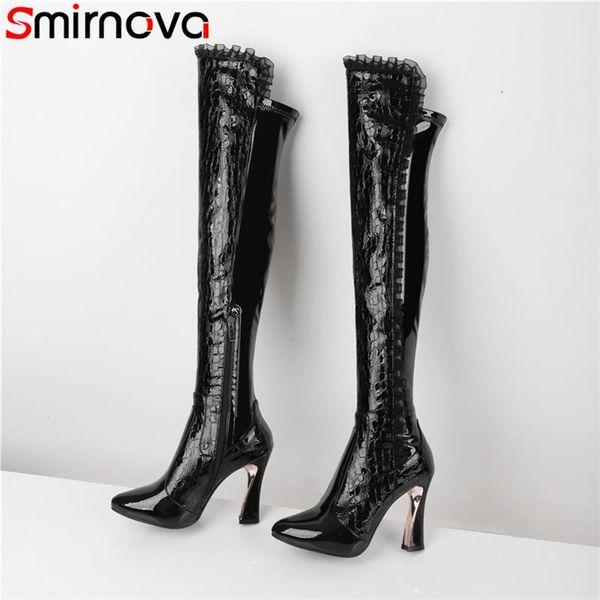 

boots smirnova 2021 patent leather over the knee women autumn winter high heel party shoes woman, Black