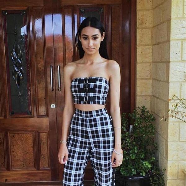 

женщины хаундсут два piece set top и pant sexy plaid бретельки обрезанного tops 2019 лето новых женская 3 шт юбка костюма одежды, Gray