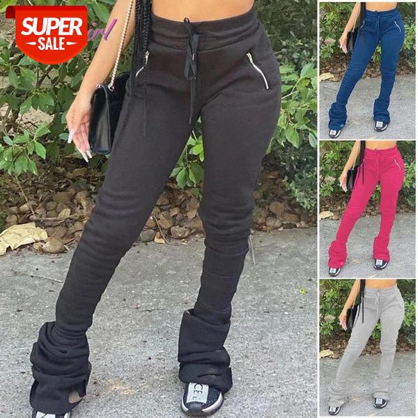 

2020 women leggings sweatpants casual solid high waist reched bell bottom flare stacked pants zipper workout streetwear trousers #ij35, Black;white