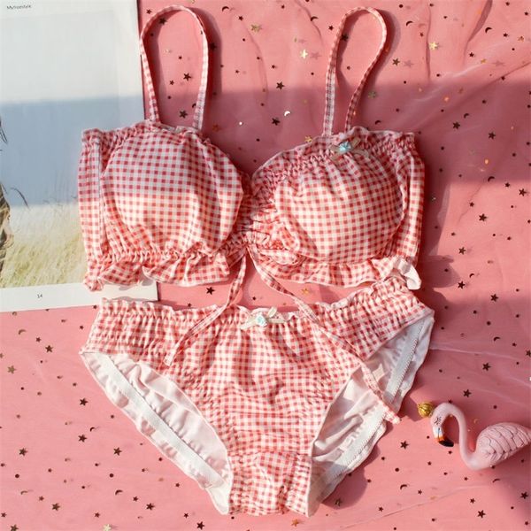 

cute lolita bra and panty set for women underwear lingerie set plus size plaid japanese schoolgirls push up ultra thin bra set lj201211, Red;black