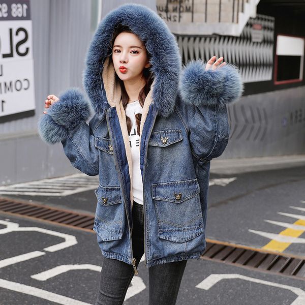 

fashion big fur jean women coats denim jacket with jeans